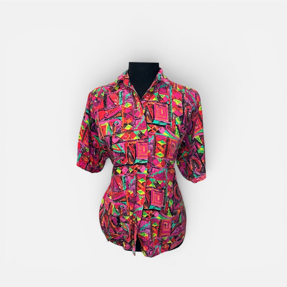 Vintage 90s Abstract Geometric Button Up Retro Vibes  Shirt | Medium